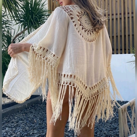 New Boho Chic Crochet Fringe Tassel Cover Up Kimono Cardigan Beige Tan - Picture 5 of 8
